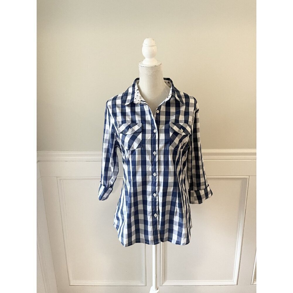 Overdrive Womens Navy & White Gingham Blouse L Crochet Lace